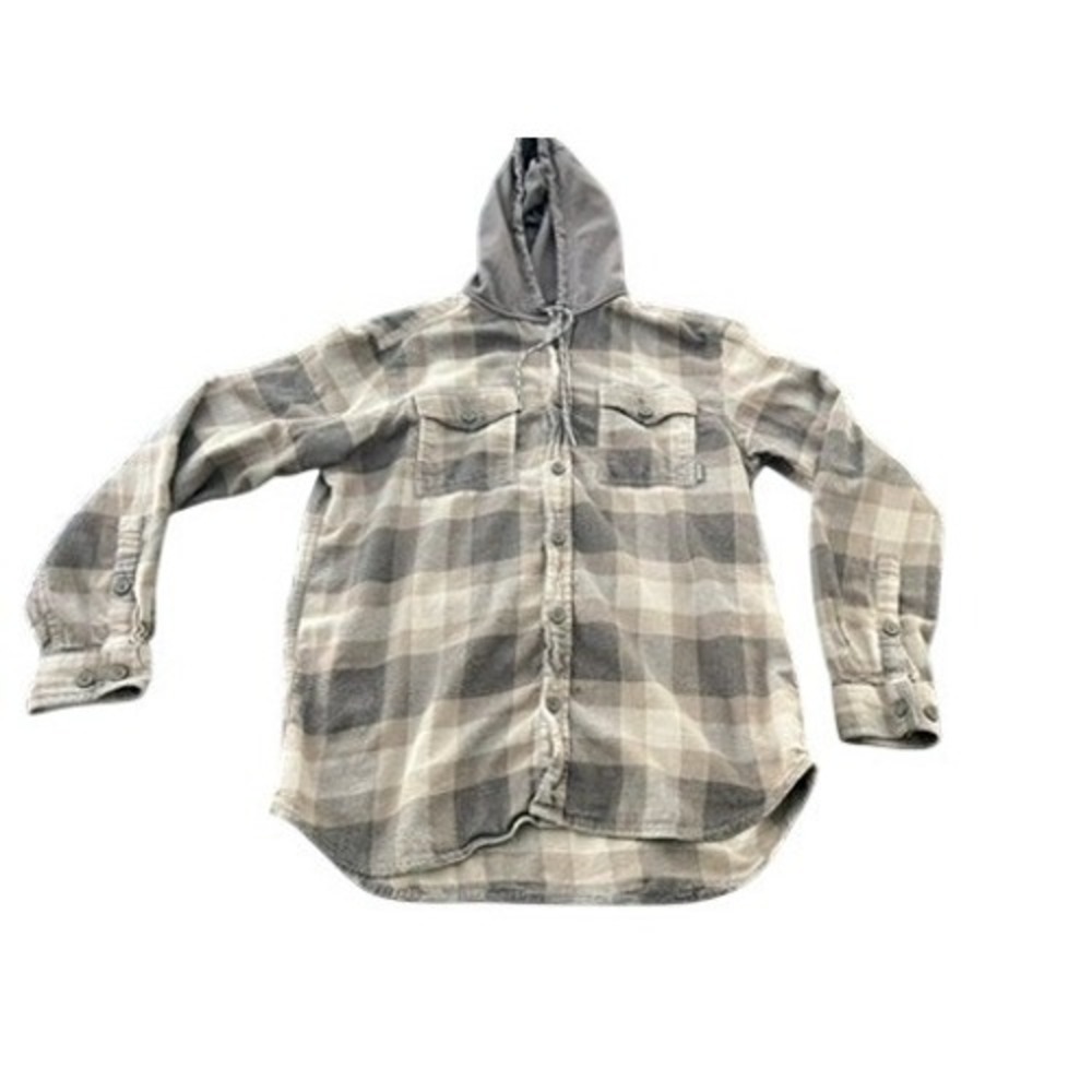 Columbia Mens Grey Plaid Hooded Flannel Shirt Large Long Sleeve Button Up Hoody